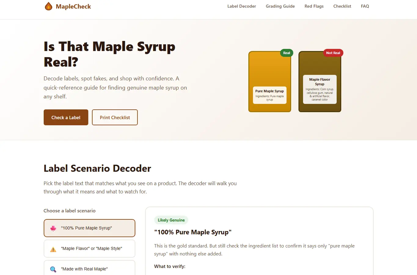 Screenshot of MapleCheck: Real Maple Label Verification Guide interface showing the project page in use